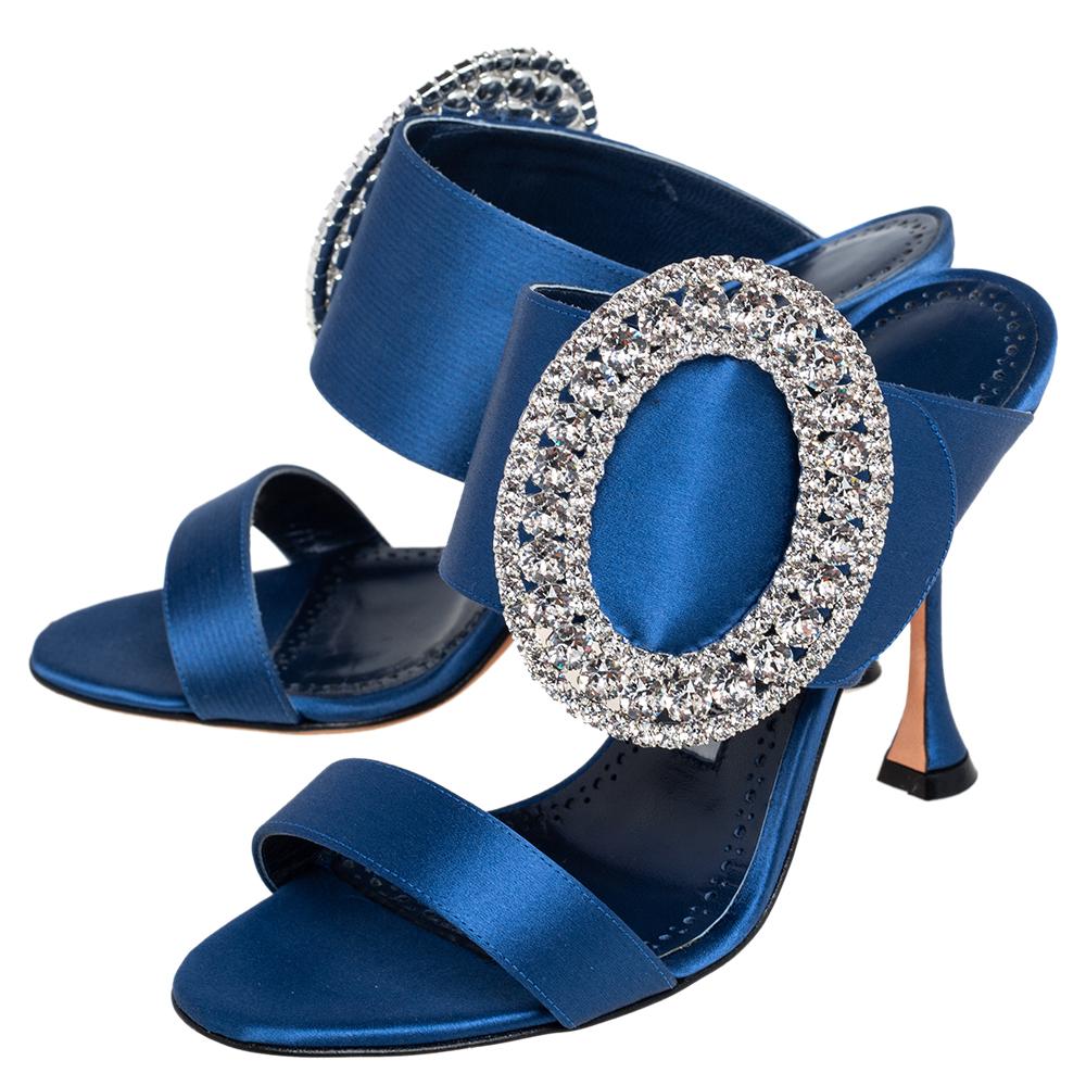 Women's Manolo Blahnik Blue Satin Fibiona Crystal Embellished Mules Size 35.5
