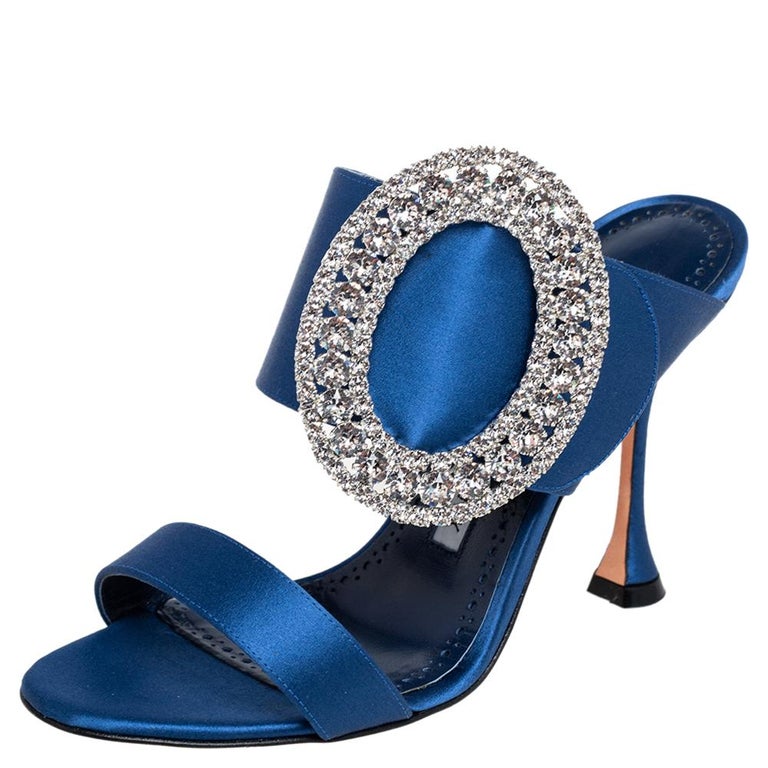 Manolo Blahnik Blue Satin Fibiona Crystal Embellished Mules Size 35.5 For  Sale at 1stDibs