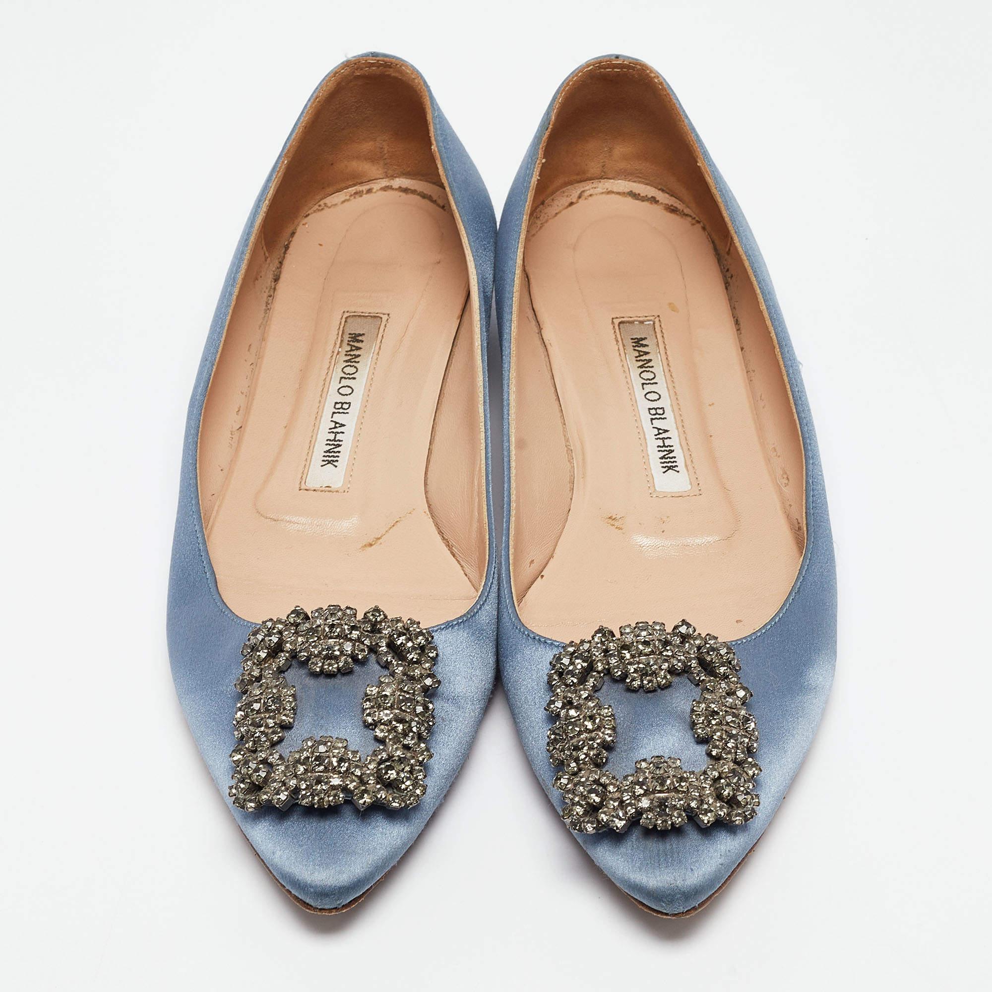 Gray Manolo Blahnik Blue Satin Hangisi Ballet Flats Size 37