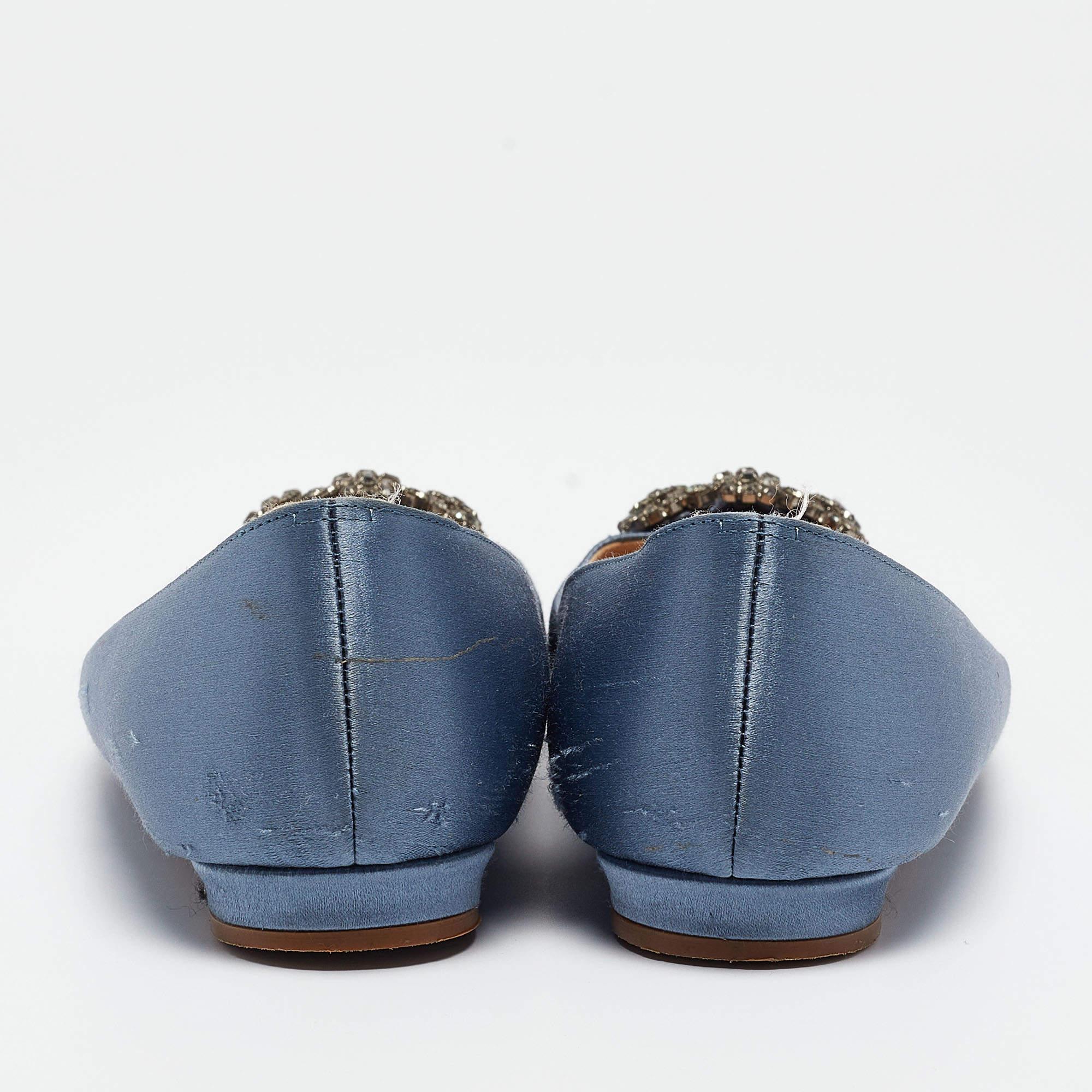 Women's Manolo Blahnik Blue Satin Hangisi Ballet Flats Size 37