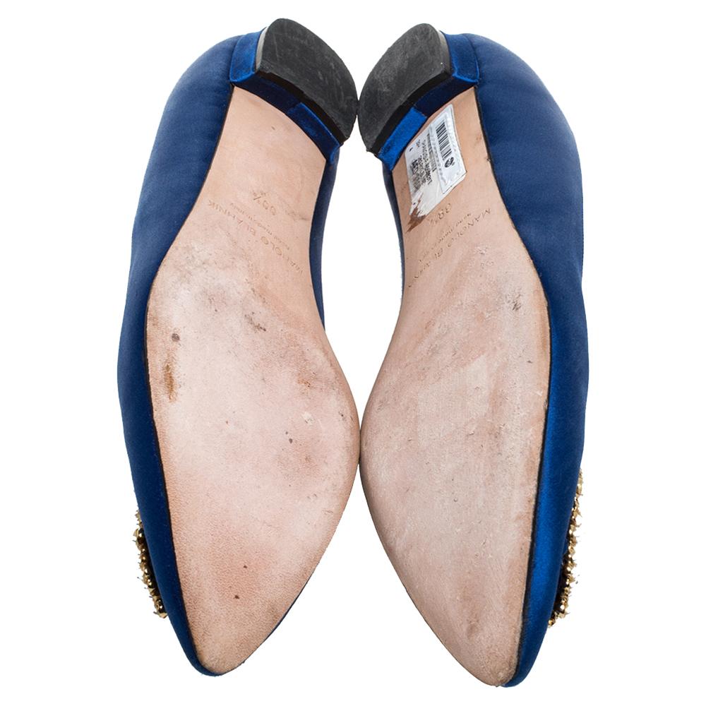 Manolo Blahnik Blue Satin Hangisi Crystal Embellished Ballet Flats Size 39.5 2