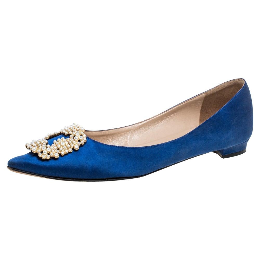 Manolo Blahnik Blue Satin Hangisi Crystal Embellished Ballet Flats Size 39.5