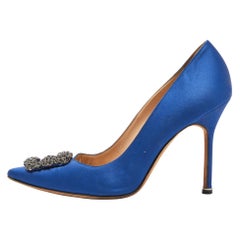 Manolo Blahnik Blue Satin Hangisi Crystal Embellished Pointed Toe Pumps Size 41