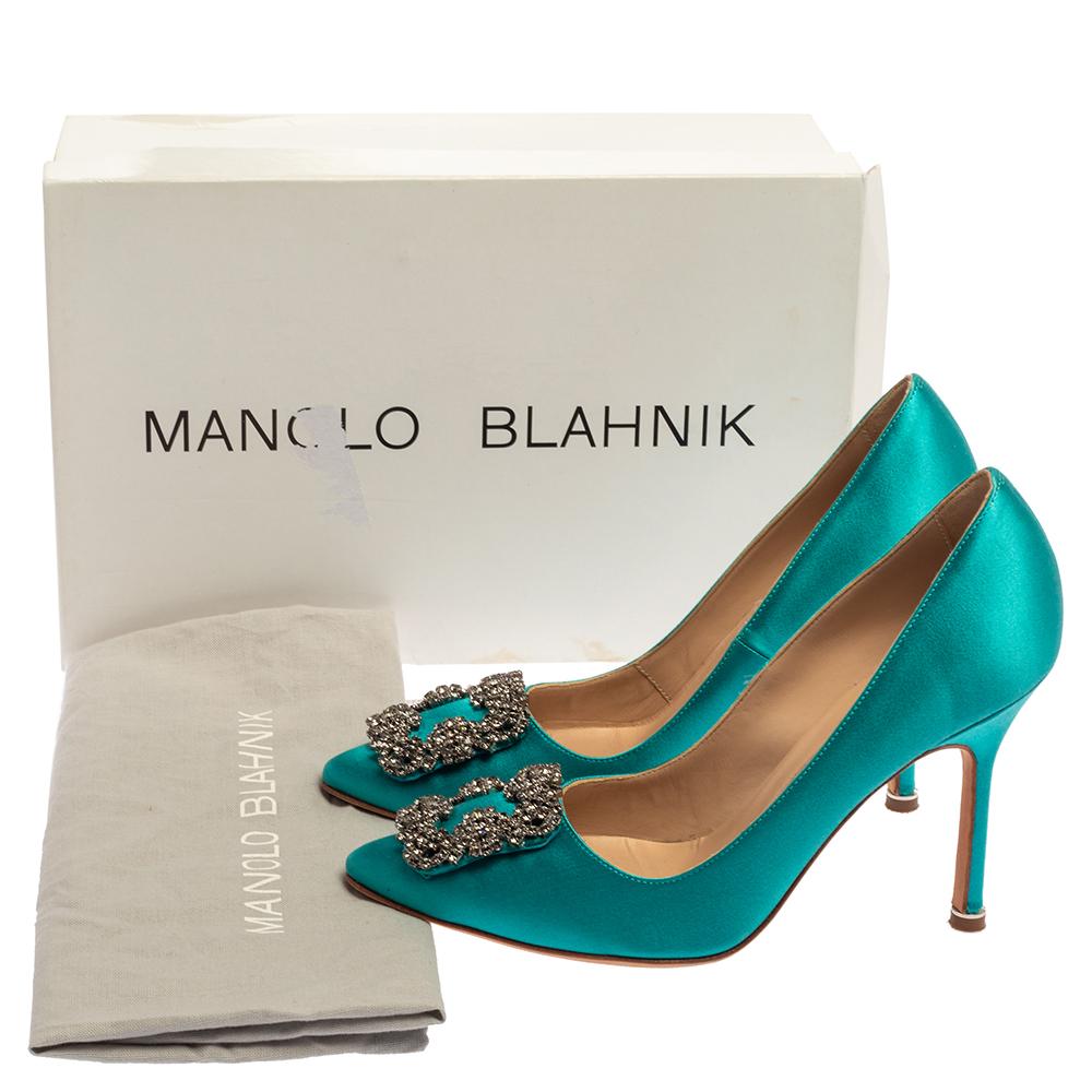 Manolo Blahnik Blue Satin Hangisi Crystal Embellished Pumps Size 35.5 4
