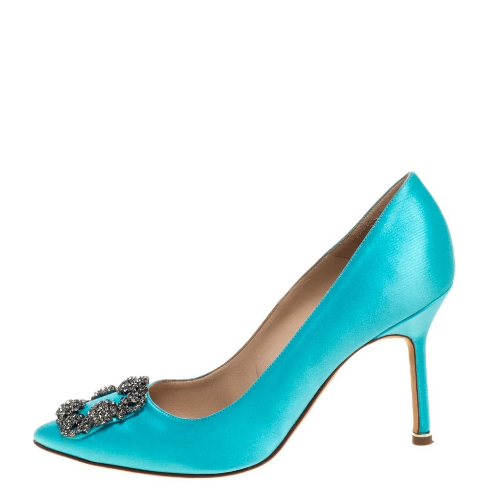 Manolo Blahnik Blue Satin Hangisi Crystal Embellished Pumps Size 38 3