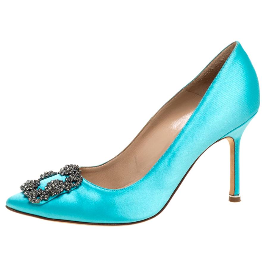 Manolo Blahnik Blue Satin Hangisi Crystal Embellished Pumps Size 38