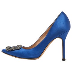 Manolo Blahnik Blue Satin Hangisi Crystal Embellished Pumps Size 38