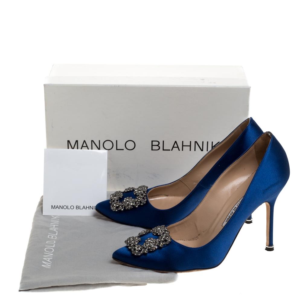Manolo Blahnik Blue Satin Hangisi Crystal Embellished Pumps Size 38.5 4
