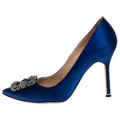 Used Manolo Blahnik Blue Satin Hangisi Crystal Embellished Pumps Size 38.5