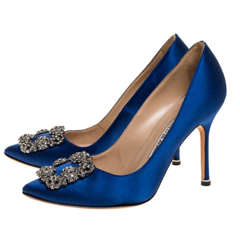 Manolo Blahnik Blue Satin Hangisi Embellished Pointed Toe Pumps Size 36.5 1