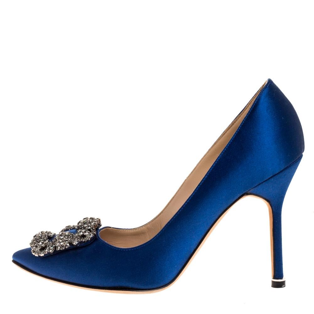 Manolo Blahnik Blue Satin Hangisi Embellished Pointed Toe Pumps Size 36.5 2