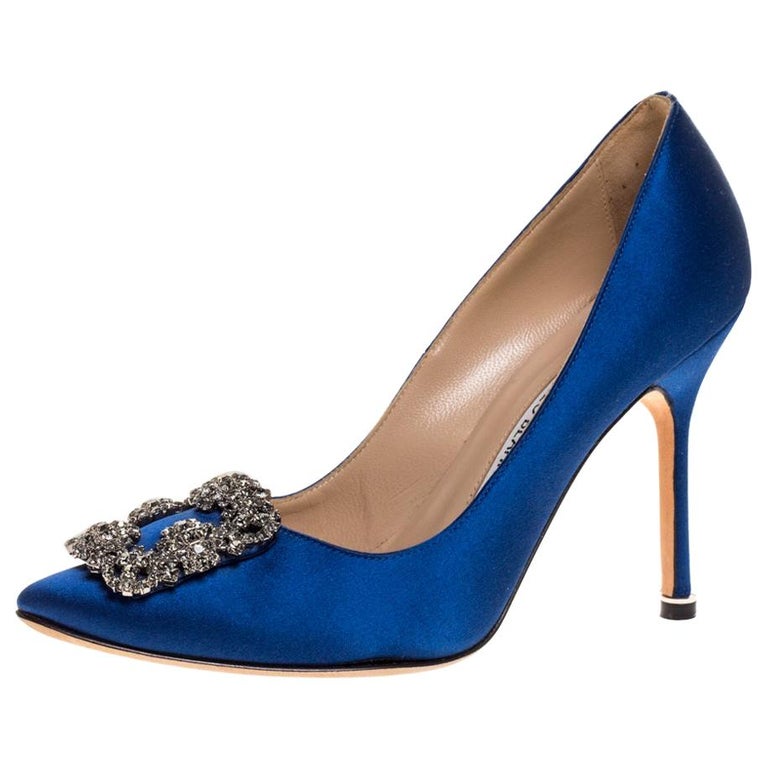 Manolo Blahnik Blue Satin Hangisi Embellished Pointed Toe Pumps Size 36 ...