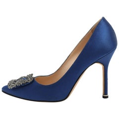 Used Manolo Blahnik Blue Satin Hangisi Embellished Pumps Size 36.5