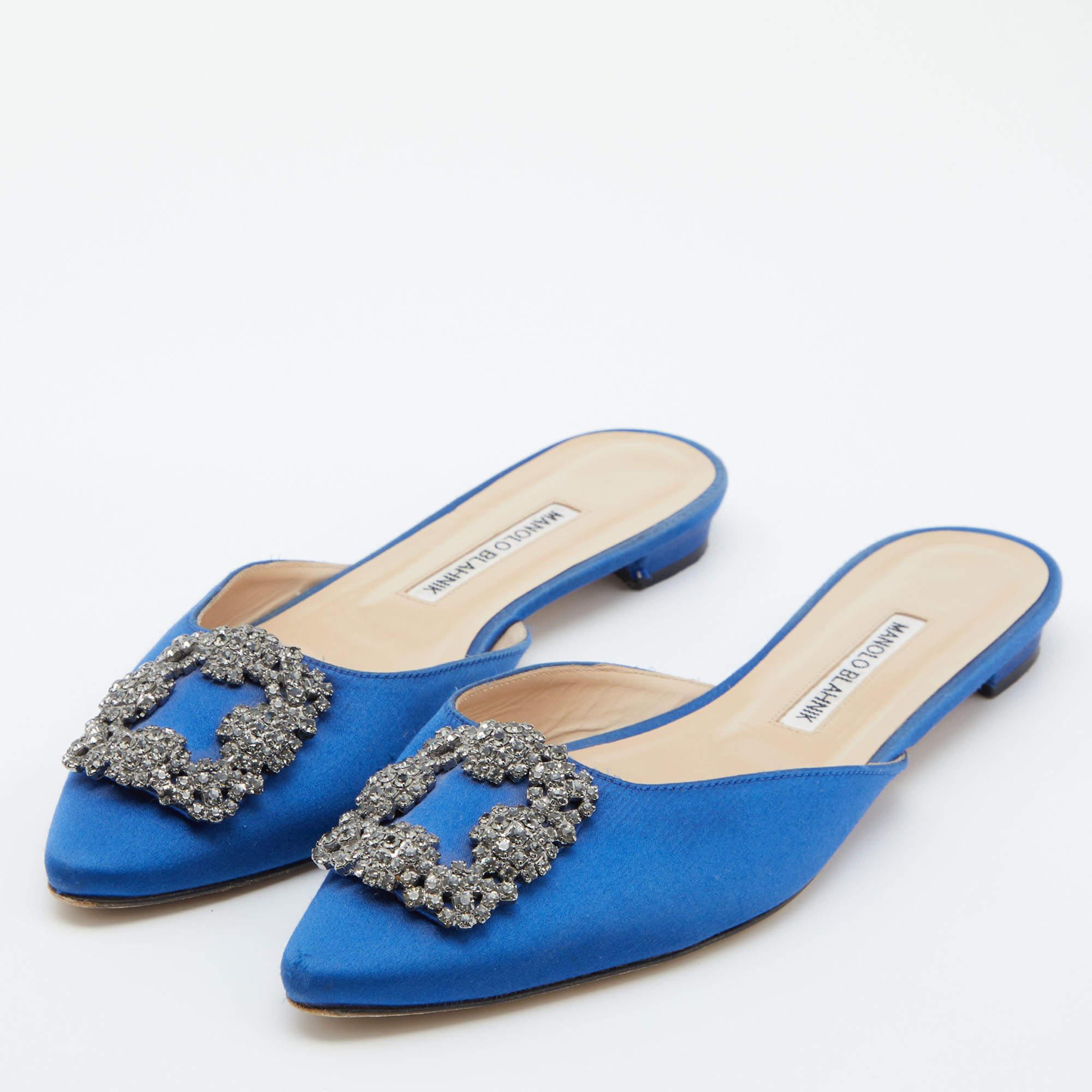 Women's Manolo Blahnik Blue Satin Hangisi Flat Mules Size 38
