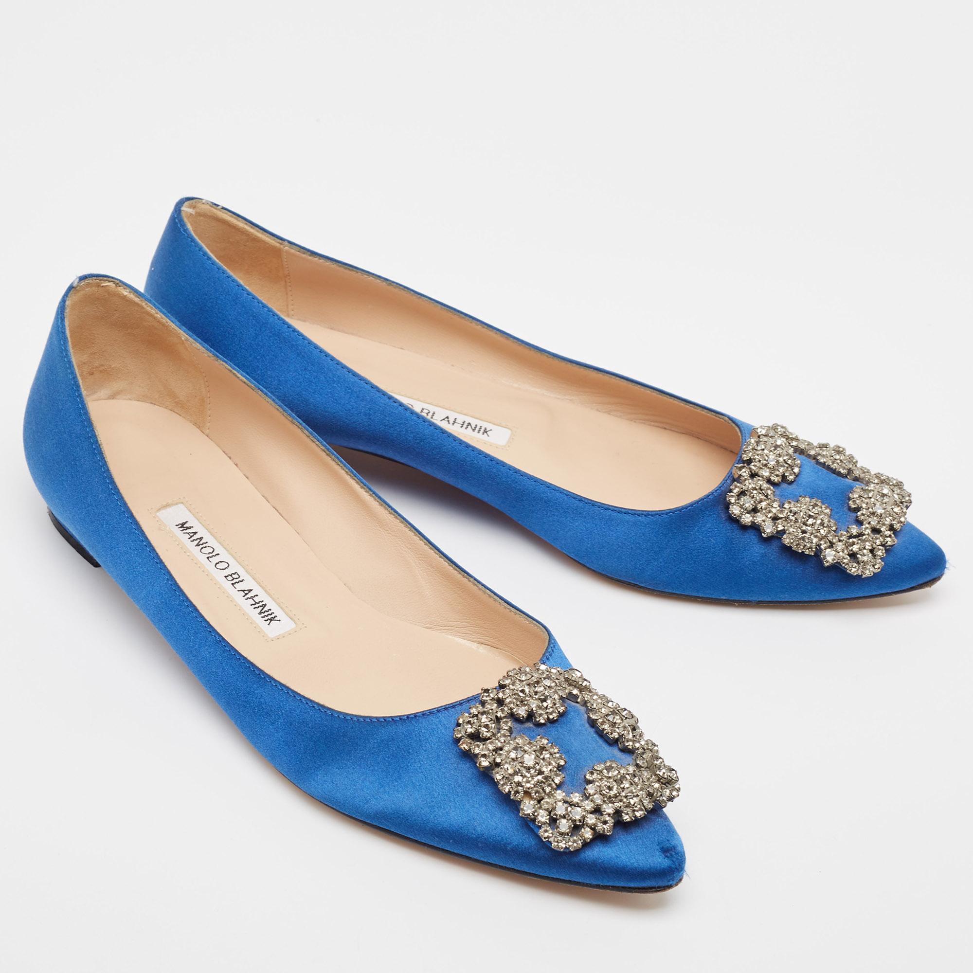 Women's Manolo Blahnik Blue Satin Hangisi  Flats Size 37