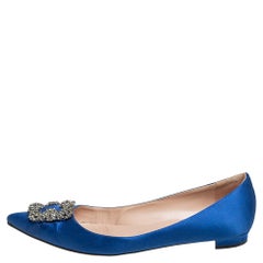 Used Manolo Blahnik Blue Satin Hangisi Flats Size 42