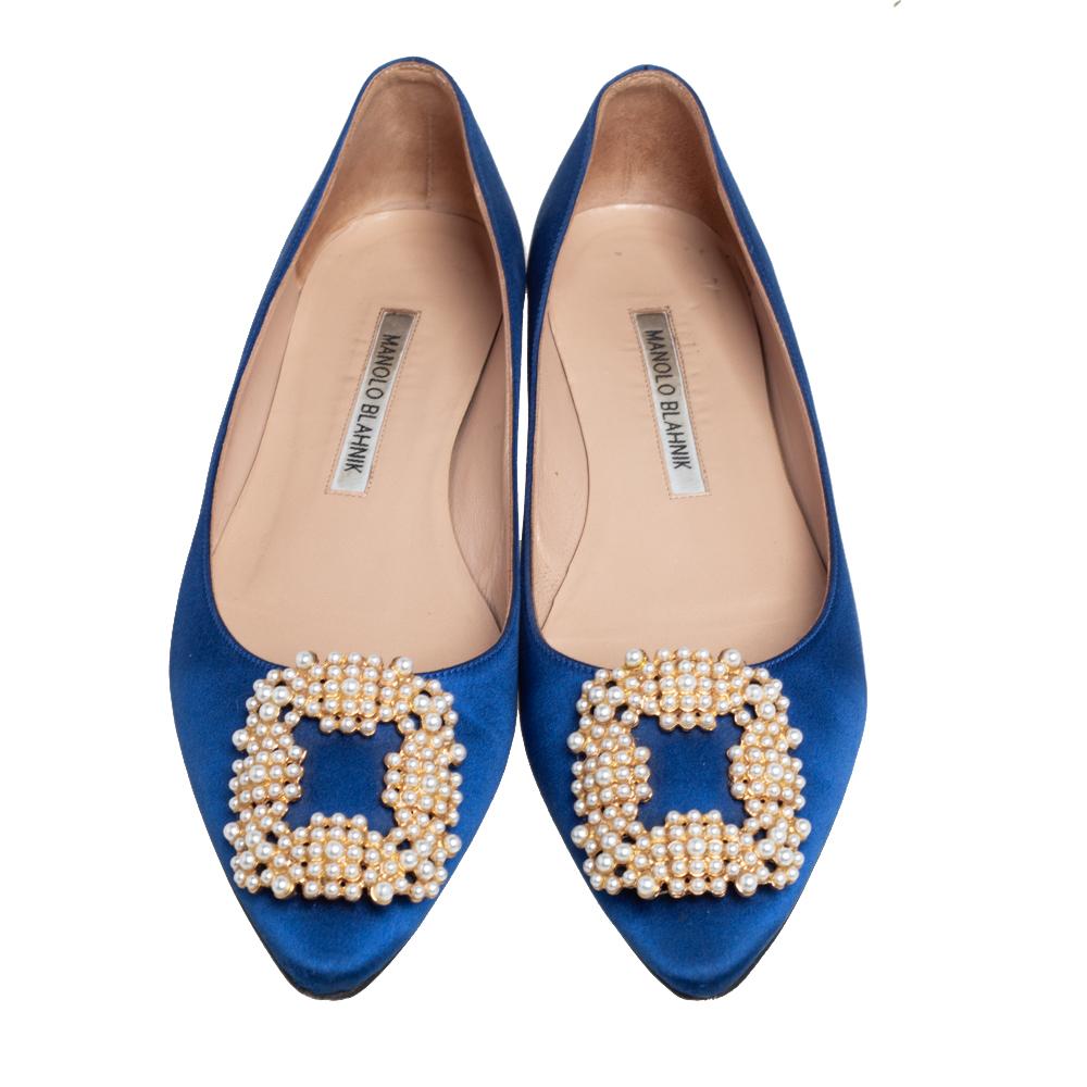 Women's Manolo Blahnik Blue Satin Hangisi Pearl Embellished Flats Size 36