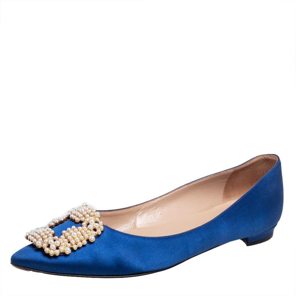 Manolo Blahnik Blue Satin Hangisi Pearl Embellished Flats Size 36 3