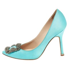 Used Manolo Blahnik Blue Satin Hangisi Pumps Size 34