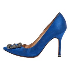 Used Manolo Blahnik Blue Satin Hangisi Pumps Size 36.5