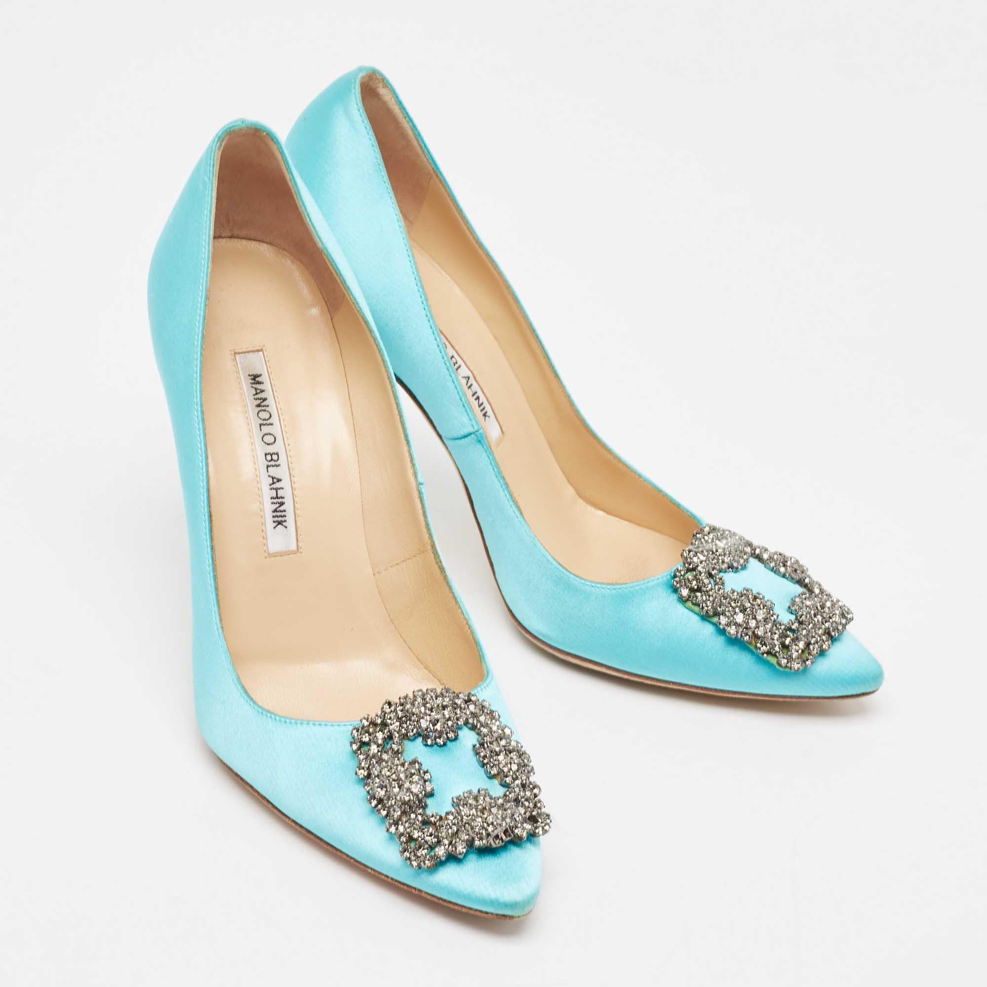 Women's Manolo Blahnik Blue Satin Hangisi Pumps Size 37