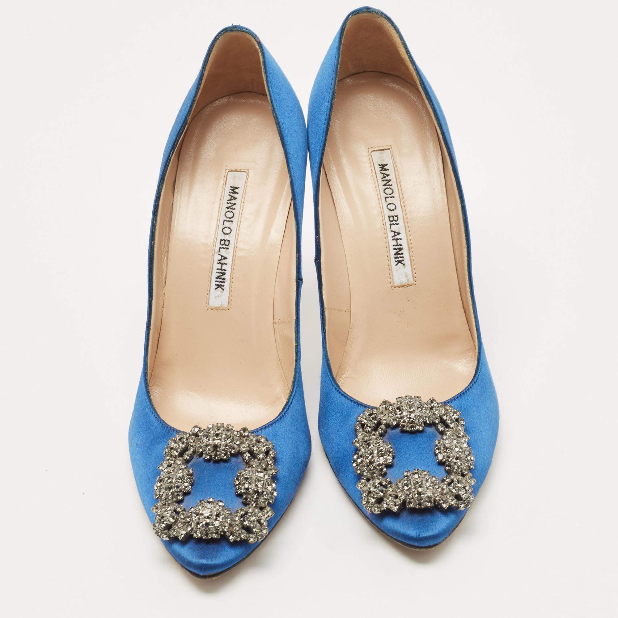 Women's Manolo Blahnik Blue Satin Hangisi Pumps Size 37