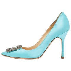 Used Manolo Blahnik Blue Satin Hangisi Pumps Size 37