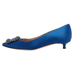 Used Manolo Blahnik Blue Satin Hangisi Pumps Size 37