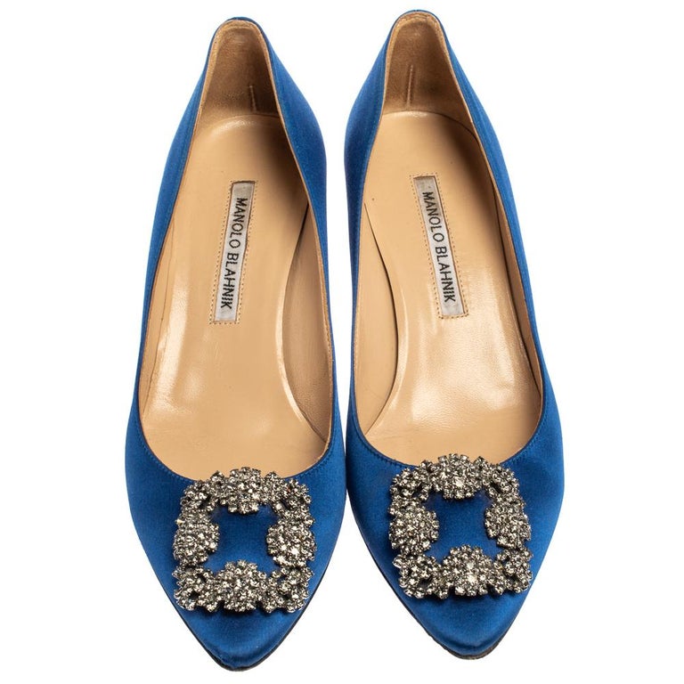 Manolo Blahnik Blue Satin Hangisi Pumps Size 37.5 at 1stDibs