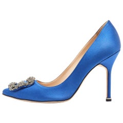 Used Manolo Blahnik Blue Satin Hangisi Pumps Size 37.5