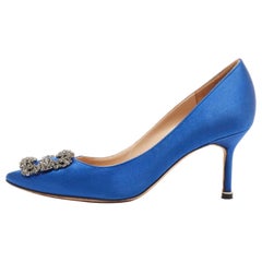 Used Manolo Blahnik Blue Satin Hangisi Pumps Size 37.5