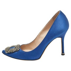 Used Manolo Blahnik Blue Satin Hangisi Pumps Size 37.5
