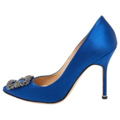 Used Manolo Blahnik Blue Satin Hangisi Pumps Size 37.5