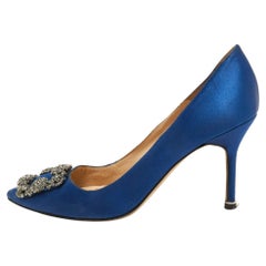 Manolo Blahnik Blue Satin Hangisi Pumps Size 37.5