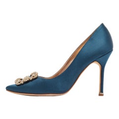 Used Manolo Blahnik Blue Satin Hangisi Pumps Size 38.5