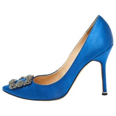 Used Manolo Blahnik Blue Satin Hangisi Pumps Size 38.5