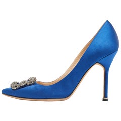 Used Manolo Blahnik Blue Satin Hangisi Pumps Size 38.5