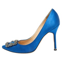 Used Manolo Blahnik Blue Satin Hangisi Pumps Size 38.5