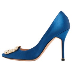 Used Manolo Blahnik Blue Satin Hangisi Pumps Size 38.5