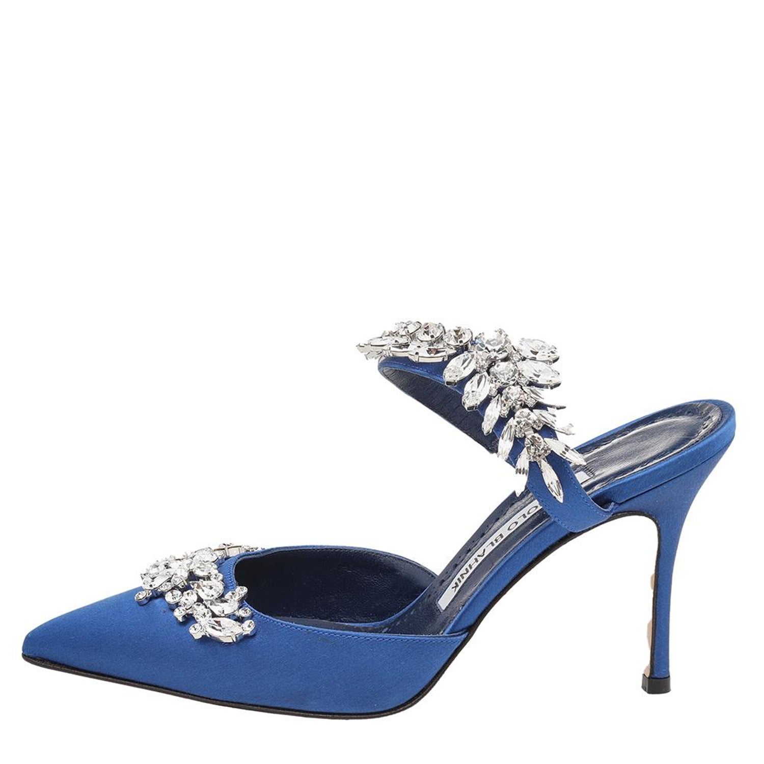 Manolo Blahnik Blue Satin Lurum Crystal Embellished Pointed Toe Sandals Size  36 at 1stDibs