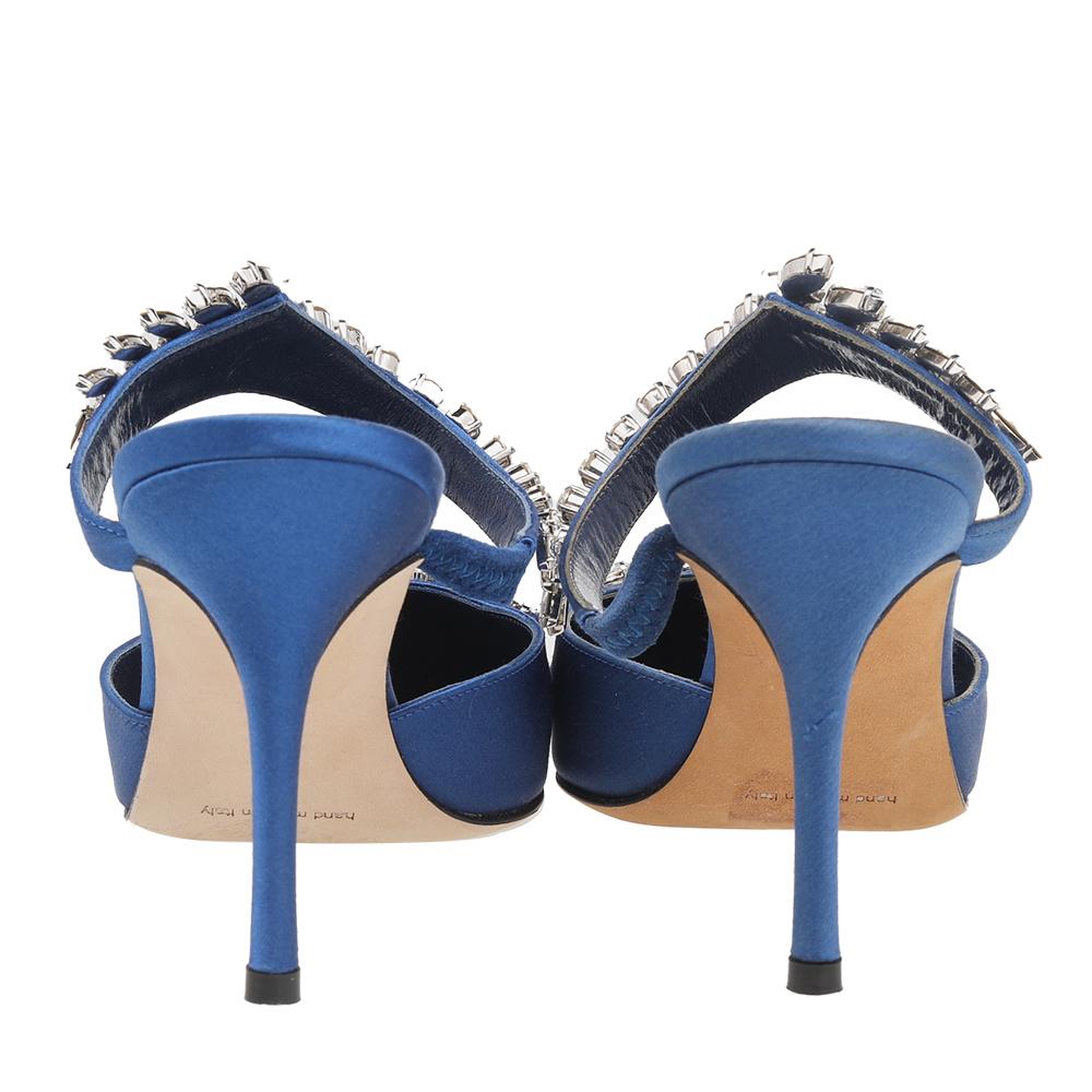 Women's Manolo Blahnik Blue Satin Lurum Crystal Embellished Pointed Toe Sandals Size 36