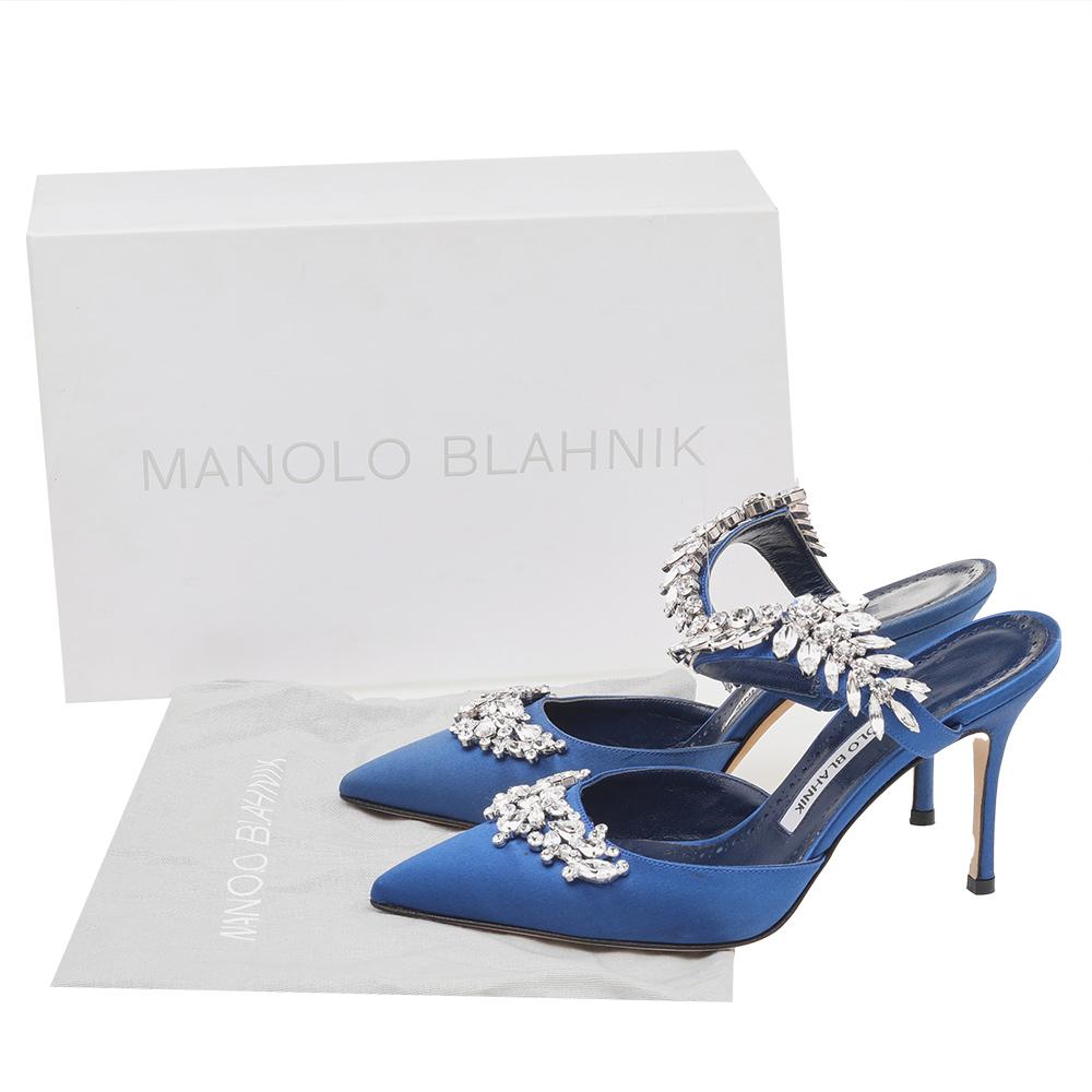 Manolo Blahnik Blue Satin Lurum Crystal Embellished Pointed Toe Sandals Size 36 1
