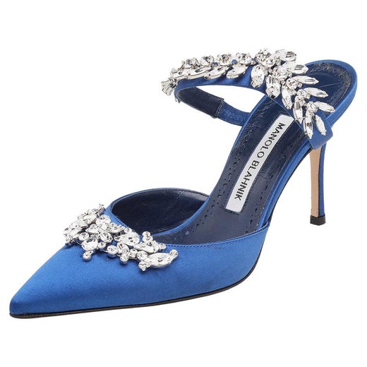 Manolo Blahnik Blue Satin Lurum Crystal Embellished Pointed Toe Sandals Size  36 at 1stDibs