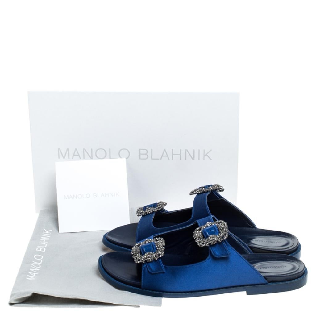 Manolo Blahnik Blue Satin Sturlushangi Flat Slides Size 39 1