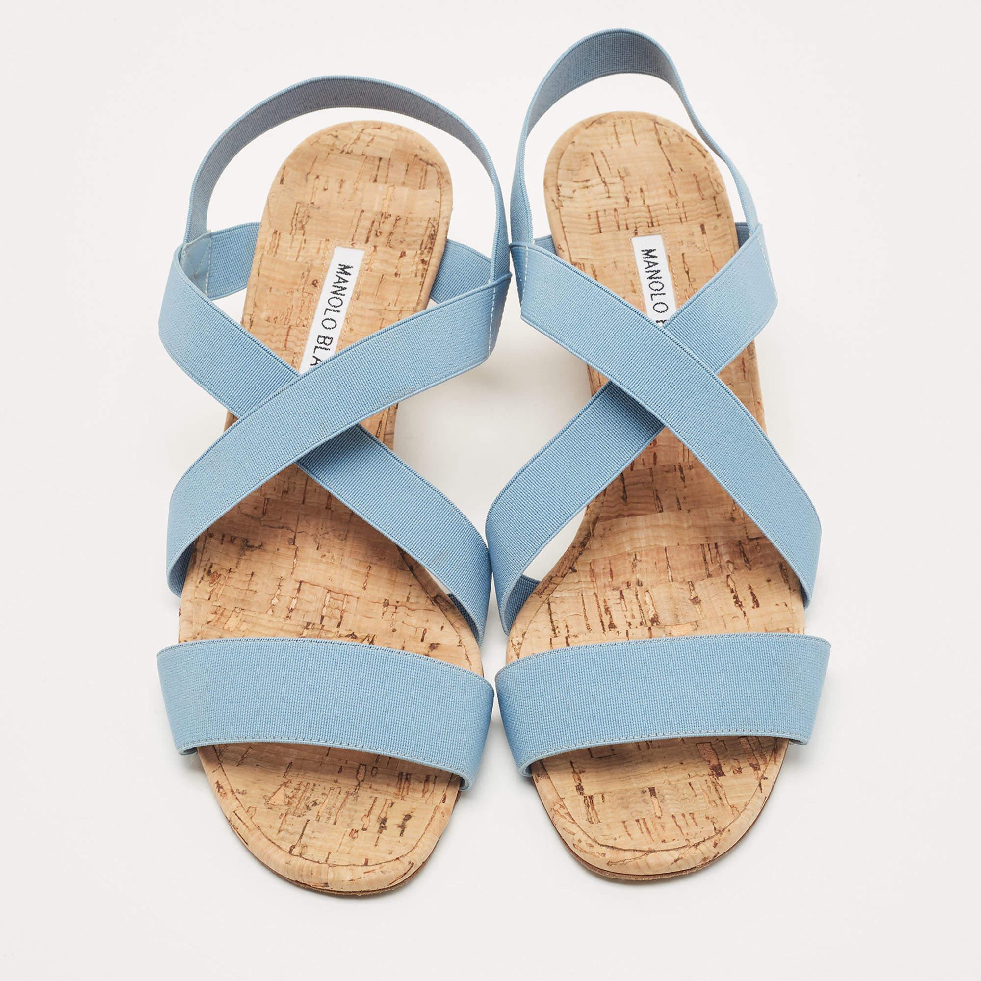 Gray Manolo Blahnik Blue Stretch Fabric Terwe Cork Wedge Ankle Strap Sandals Size 40 For Sale