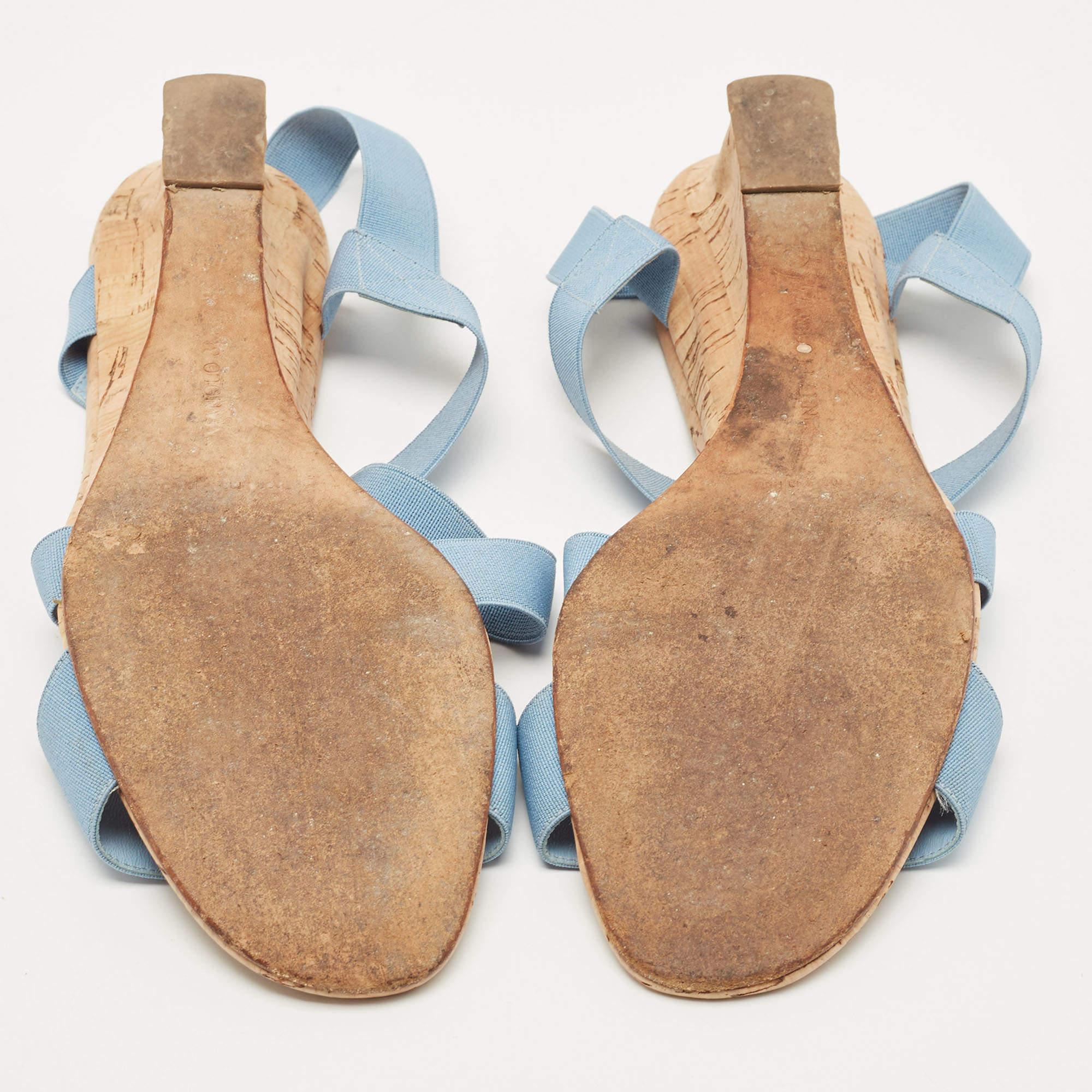 Manolo Blahnik Blue Stretch Fabric Terwe Cork Wedge Ankle Strap Sandals Size 40 For Sale 1