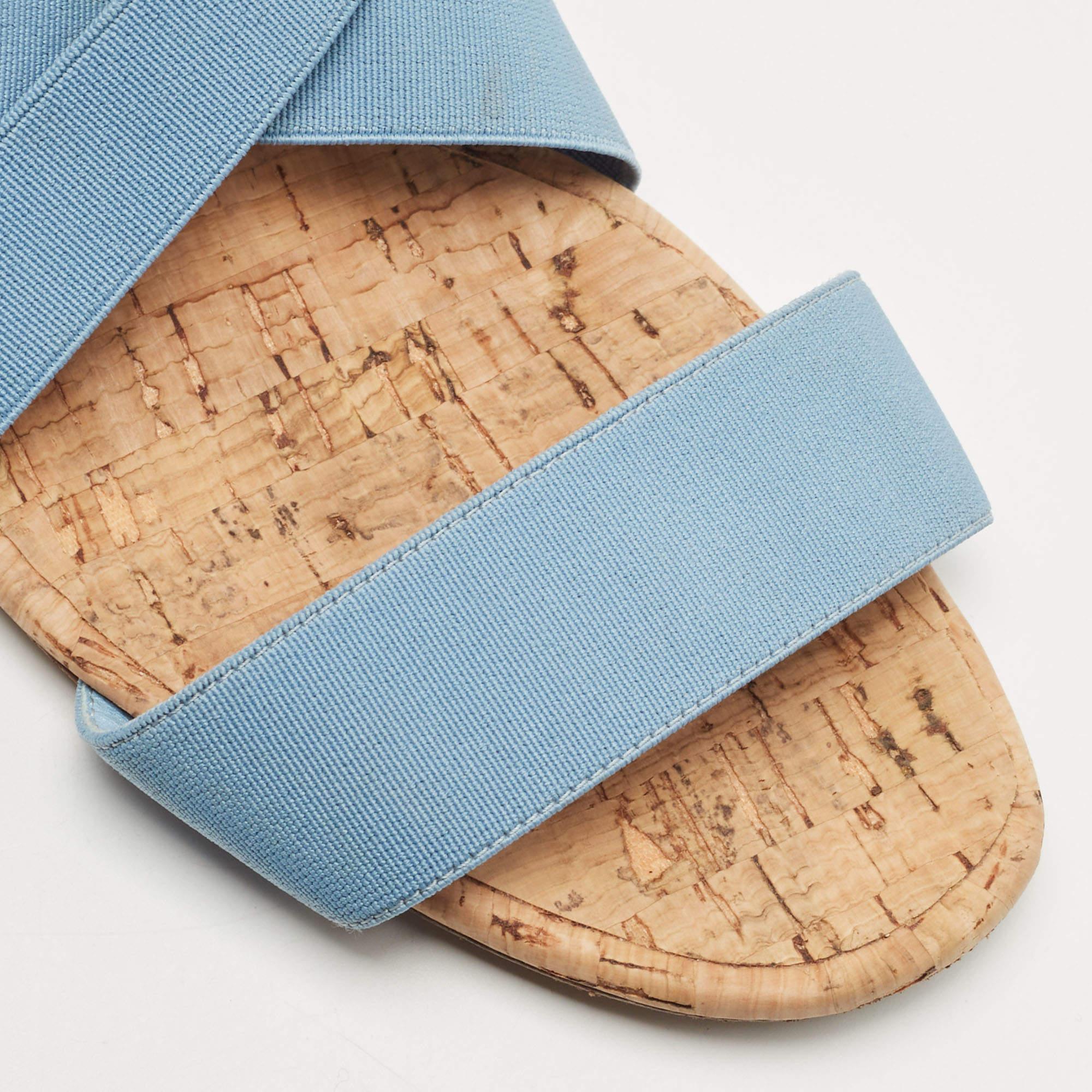Manolo Blahnik Blue Stretch Fabric Terwe Cork Wedge Ankle Strap Sandals Size 40 For Sale 2