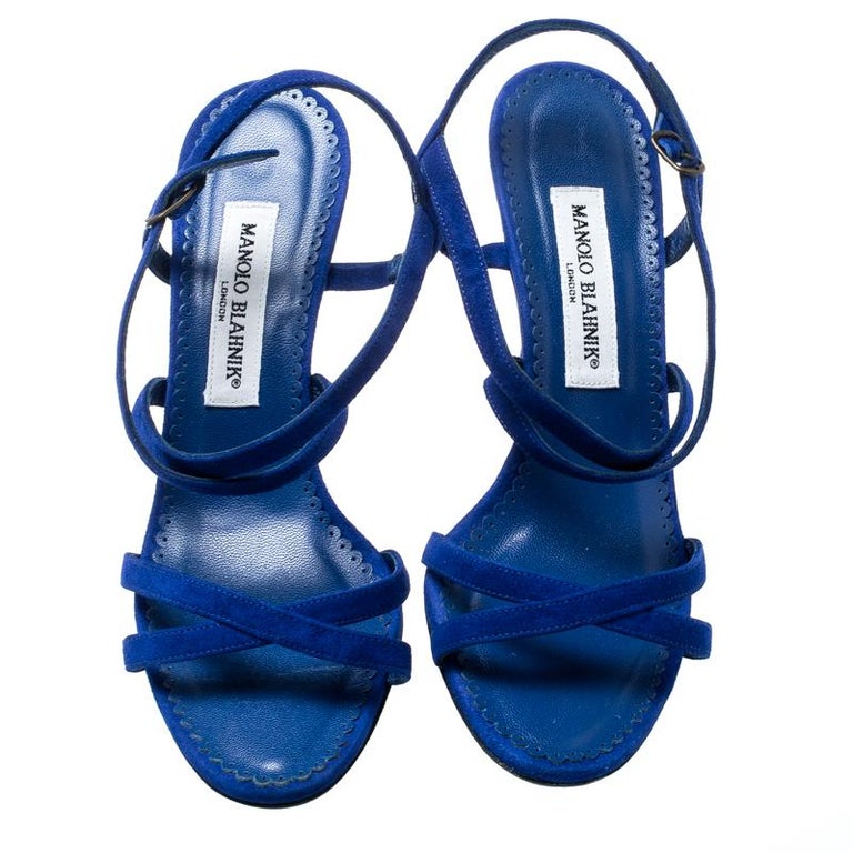 Manolo Blahnik Blue Suede Bayan Strappy Sandals Size 37 For Sale at 1stDibs