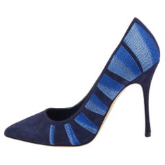 Manolo Blahnik Blue Suede Embroidered BB Pumps Size 36