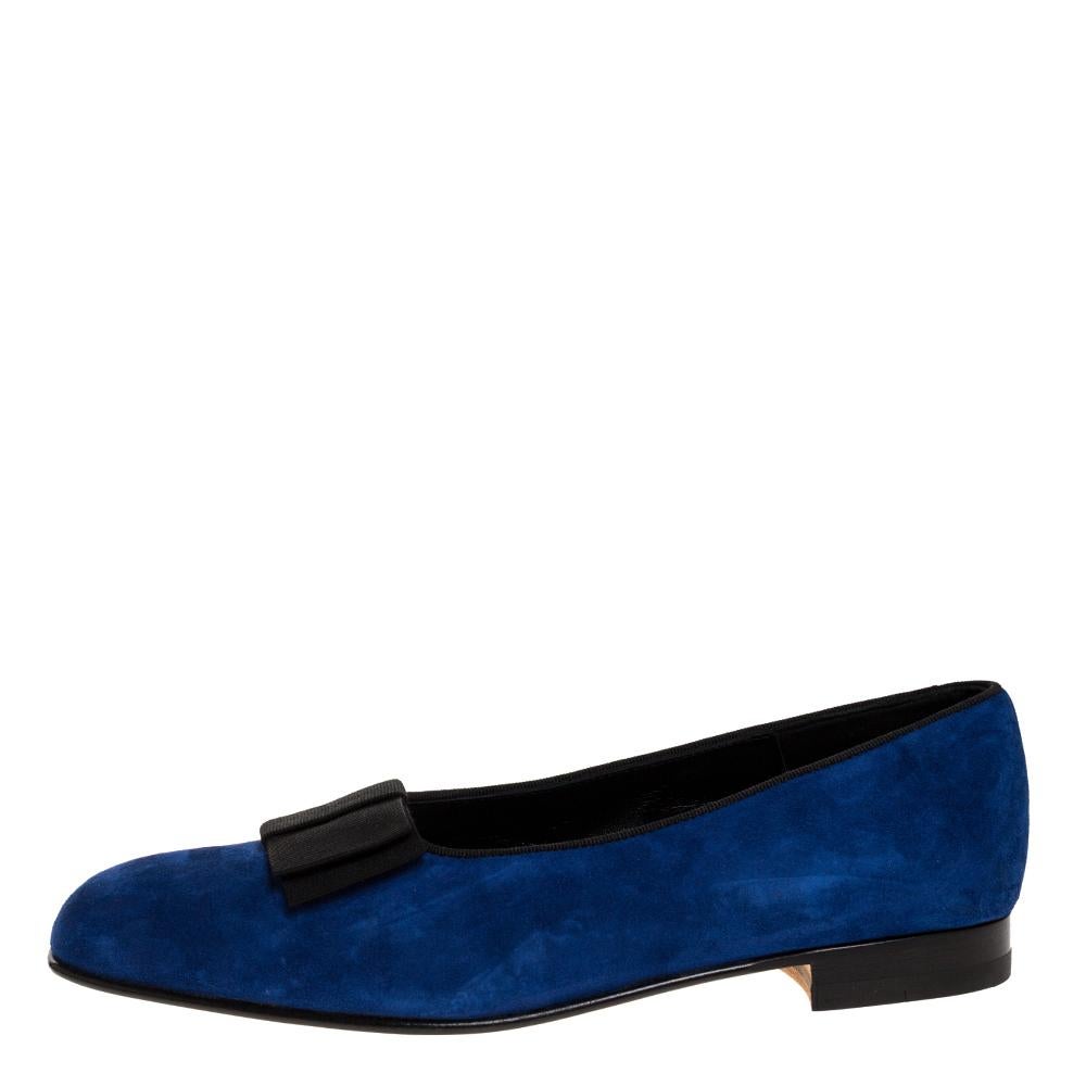 Black Manolo Blahnik Blue Suede Leather Toro Opera Bow Slip On Loafers Size 41